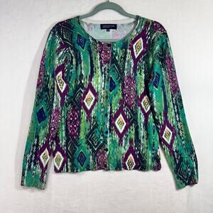 Jones New York Signature Petite Large Boho Printed Cardigan Sweater Green Purple